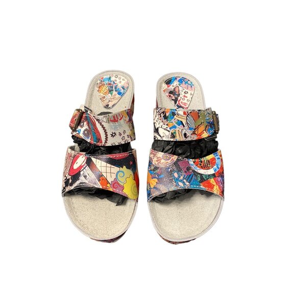 Unbranded Colorful Pop Art Women's Leather Wedge Slide Sandals Size 8 NWOT - Picture 1 of 5